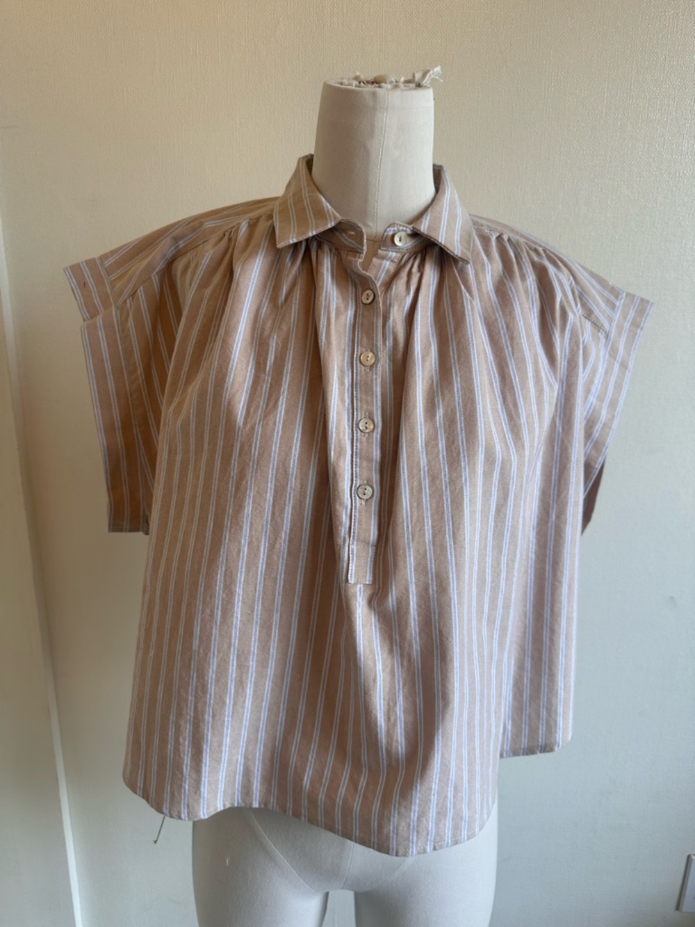 Pomander Place Beige and White Striped Short Sleeve Button Top